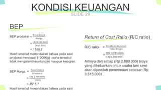 The Power of PowerPoint - thepopp.com
SLIDE 29
BEP
BEP produksi =
Total biaya
Harga
=
(𝑅𝑝2.880.000)
(𝑅𝑝1.850)
= 1556,7
Hasil tersebut menandakan bahwa pada saat
produksi mencapai (1900Kg) usaha tersebut
tidak mengalami keuntungan maupun kerugian.
BEP Harga =
𝑇𝑜𝑡𝑎𝑙 𝐵𝑖𝑎𝑦𝑎
𝑃𝑟𝑜𝑑𝑢𝑘𝑠𝑖
=
(𝑅𝑝 2.880.000)
(1900)
= 1515,7
Hasil tersebut menandakan bahwa pada saat
KONDISI KEUANGAN
Return of Cost Ratio (R/C ratio)
R/C ratio = 𝑇𝑜𝑡𝑎𝑙 𝑝𝑒𝑛𝑑𝑎𝑝𝑎𝑡𝑎𝑛
𝑇𝑜𝑡𝑎𝑙 𝐵𝑖𝑎𝑦𝑎
=
(𝑅𝑝 3.515.000)
(𝑅𝑝2.880.000)
Artinya dari setiap (Rp 2.880.000) biaya
yang dikeluarkan untuk usaha tani sawi
akan diperoleh penerimaan sebesar (Rp
3.515.000)
 