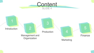 The Power of PowerPoint - thepopp.com
SLIDE 4
Content
1
Introduction 2
Management and
Organization
3
Production 4
Marketing
5
Finance
 