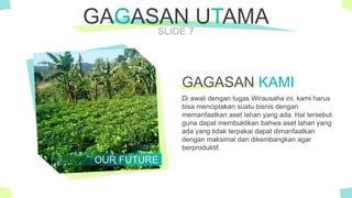 The Power of PowerPoint - thepopp.com
SLIDE 7
Di awali dengan tugas Wirausaha ini, kami harus
bisa menciptakan suatu bisnis dengan
memanfaatkan aset lahan yang ada. Hal tersebut
guna dapat membuktikan bahwa aset lahan yang
ada yang tidak terpakai dapat dimanfaatkan
dengan maksimal dan dikembangkan agar
berproduktif.
GAGASAN UTAMA
GAGASAN KAMI
OUR FUTURE
 