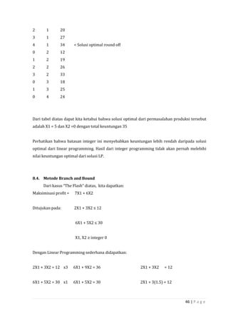 46 | P a g e
2 1 20
3 1 27
4 1 34 < Solusi optimal round off
0 2 12
1 2 19
2 2 26
3 2 33
0 3 18
1 3 25
0 4 24
Dari tabel diatas dapat kita ketahui bahwa solusi optimal dari permasalahan produksi tersebut
adalah X1 = 5 dan X2 =0 dengan total keuntungan 35
Perhatikan bahwa batasan integer ini menyebabkan keuntungan lebih rendah daripada solusi
optimal dari linear programming. Hasil dari integer programming tidak akan pernah melebihi
nilai keuntungan optimal dari solusi LP.
8.4. Metode Branch and Bound
Dari kasus “The Flash” diatas, kita dapatkan:
Maksimisasi profit = 7X1 + 6X2
Ditujukan pada: 2X1 + 3X2 ≤ 12
6X1 + 5X2 ≤ 30
X1, X2 ≥ integer 0
Dengan Linear Programming sederhana didapatkan:
2X1 + 3X2 = 12 x3 6X1 + 9X2 = 36 2X1 + 3X2 = 12
6X1 + 5X2 = 30 x1 6X1 + 5X2 = 30 2X1 + 3(1.5) = 12
 