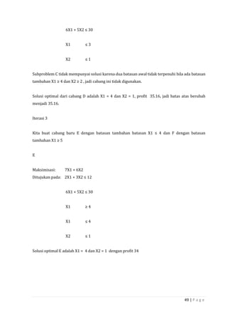 49 | P a g e
6X1 + 5X2 ≤ 30
X1 ≤ 3
X2 ≤ 1
Subproblem C tidak mempunyai solusi karena dua batasan awal tidak terpenuhi bila ada batasan
tambahan X1 ≥ 4 dan X2 ≥ 2 , jadi cabang ini tidak digunakan.
Solusi optimal dari cabang D adalah X1 = 4 dan X2 = 1, profit 35.16, jadi batas atas berubah
menjadi 35.16.
Iterasi 3
Kita buat cabang baru E dengan batasan tambahan batasan X1 ≤ 4 dan F dengan batasan
tambahan X1 ≥ 5
E
Maksimisasi: 7X1 + 6X2
Ditujukan pada: 2X1 + 3X2 ≤ 12
6X1 + 5X2 ≤ 30
X1 ≥ 4
X1 ≤ 4
X2 ≤ 1
Solusi optimal E adalah X1 = 4 dan X2 = 1 dengan profit 34
 