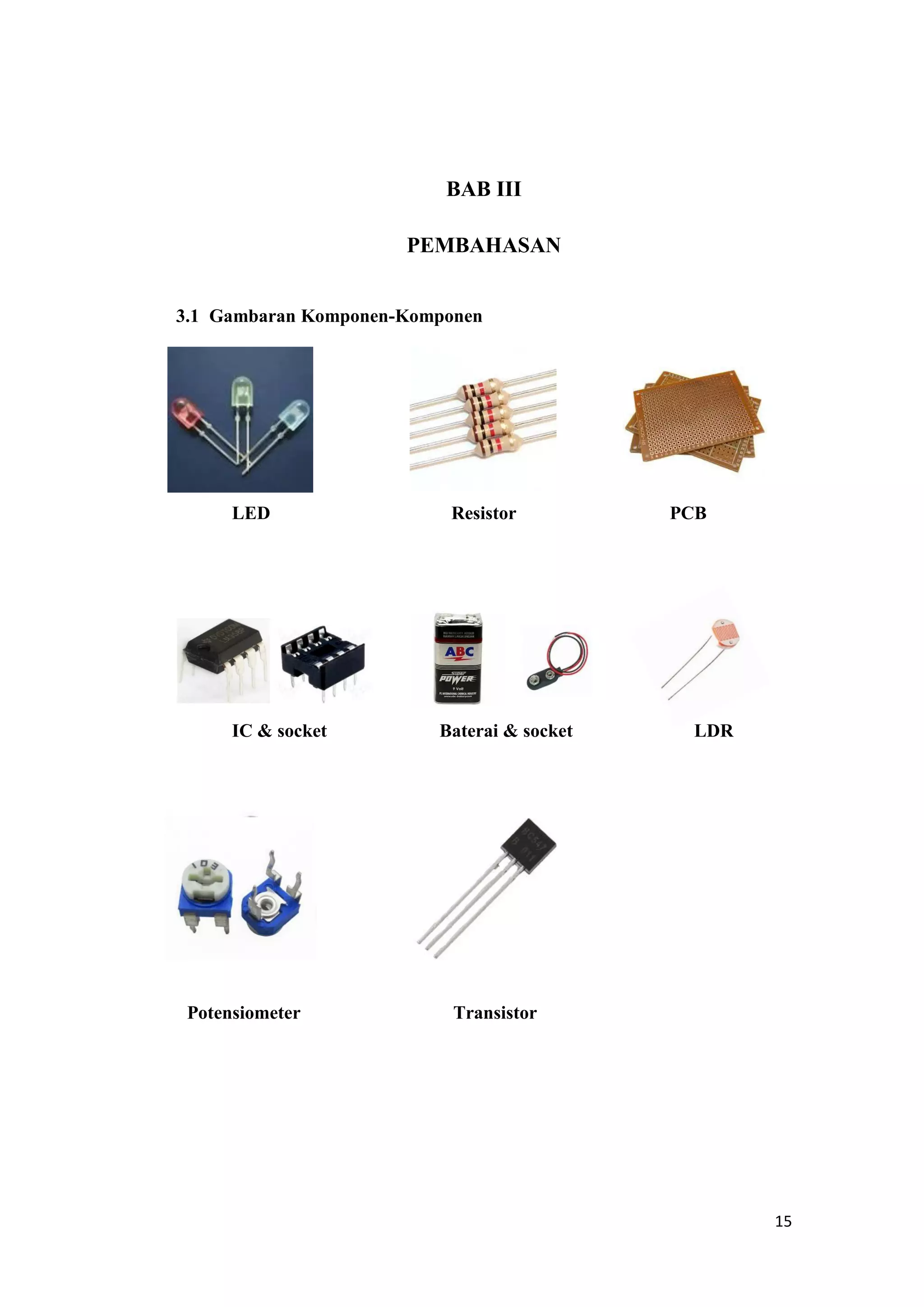 15
BAB III
PEMBAHASAN
3.1 Gambaran Komponen-Komponen
LED Resistor PCB
IC & socket Baterai & socket LDR
Potensiometer Transistor
 