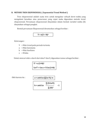 18
B. METODE TREN EKSPONENSIAL ( Exponential Trend Method )
Tren eksponensial adalah suatu tren untuk mengukur sebuah deret waktu yang
mengalami kenaikan atau penurunan yang cepat maka digunakan metode trend
eksponensial. Persamaan eksponensial dinyatakan dalam bentuk variabel waktu (X)
dinyatakan sebagai pangkat.
Bentuk persamaan Eksponensial dirumuskan sebagai berikut :
Keterangan :
Y = Nilai trend pada periode tertentu
a = Nilai konstanta
b = Nilai koefisien
x = Waktu
Untuk mencari nilai a dan b dari data Y dan X, digunakan rumus sebagai berikut :
Oleh karena itu :
Y = a(1 + b)x
Y’ = a (1+b)x
Ln Y’ = Ln a + X Ln (1+b)
a = anti Ln (∑Ln Y)/ n
∑ (X.LnY)
b = anti Ln - 1
∑ (X)2
 