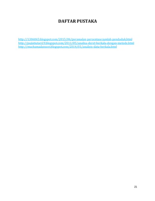 21
DAFTAR PUSTAKA
http://1306065.blogspot.com/2015/06/peramalan-persentase-jumlah-penduduk.html
http://pujiatiutari19.blogspot.com/2011/05/analisa-deret-berkala-dengan-metode.html
http://muchamadansori.blogspot.com/2014/01/analisis-data-berkala.html
 