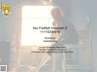 Nur Fadillah Hasanah Z
11115200978
Jurusan Pendidikan Matematika
Fakultas Tarbiyah dan Keguruan
Universitas Islam Negeri Sultan Syarif Kasim Riau
Workshop
Jajargenjang
 