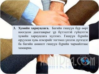 3. 	Хувийнхариуцлага.Багийнгишүүнбүрөөртноогдсондаалгаварыгүрбүтээлтэйгүйцэтгэххувийнхариуцлагахүлээнэ. Гишүүнбүрийноруулсанхувьнэмэрийгтогтмолүнэлэндүгнэдэгбабагийнамжилтгишүүнбүрийнчармайлтаасхамаарна.