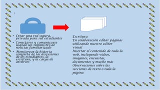 • Crear una red segura,
privada para sus estudiantes
• Conectarse y comunicarse
usando un suministro de
noticias familiarizado
• Monitorear la historia
completa de las discusiones
de los estudiantes, la
escritura, y la carga de
archivos
Escritura
En colaboración editar páginas
utilizando nuestro editor
visual
Insertar el contenido de toda la
web, incluyendo vídeos,
imágenes, encuestas,
documentos y mucho más
Observaciones sobre las
secciones de texto o toda la
página
 