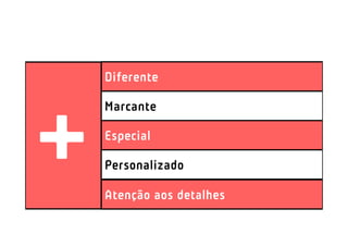 Diferente

Marcante

Especial

Personalizado

Atenção aos detalhes
 