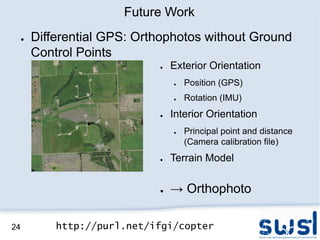 Future Work
     ●   Differential GPS: Orthophotos without Ground
         Control Points
                              ● ...