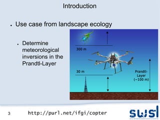 Introduction

    ●   Use case from landscape ecology

        ●   Determine
            meteorological
            inversions in the
            Prandtl-Layer




3             http://purl.net/ifgi/copter
 