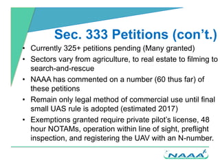 Sec. 333 Petitions (con’t.)
• Currently 325+ petitions pending (Many granted)
• Sectors vary from agriculture, to real est...
