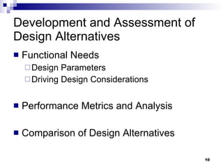 Development and Assessment of Design Alternatives Functional Needs Design Parameters Driving Design Considerations Performance Metrics and Analysis Comparison of Design Alternatives 