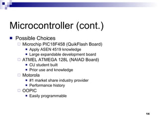 Microcontroller (cont.) Possible Choices Microchip PIC18F458 (QuikFlash Board) Apply ASEN 4519 knowledge Large expandable development board ATMEL ATMEGA 128L (NAIAD Board) CU student built Prior use and knowledge Motorola #1 market share industry provider  Performance history OOPIC Easily programmable 
