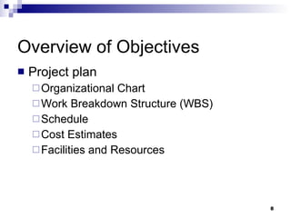 Overview of Objectives Project plan Organizational Chart Work Breakdown Structure (WBS) Schedule Cost Estimates Facilities and Resources 