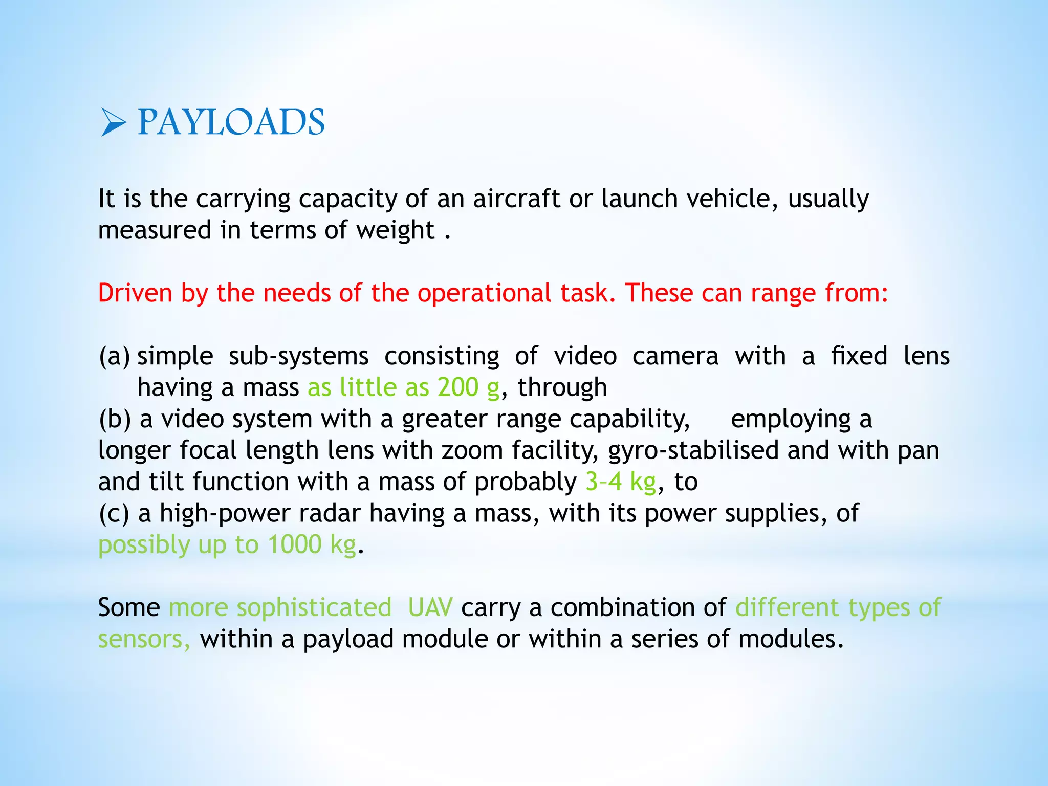 Uav Payloads Types UAV(unmanned aerial vehicle) and its application | PPTX