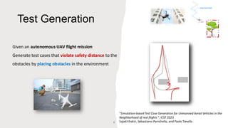 Given an autonomous UAV flight mission
Generate test cases that violate safety distance to the
obstacles by placing obstacles in the environment
6
Test Generation
"Simulation-based Test Case Generation for Unmanned Aerial Vehicles in the
Neighborhood of real flights “, ICST 2023
Sajad Khatiri, Sebastiano Panichella, and Paolo Tonella
 