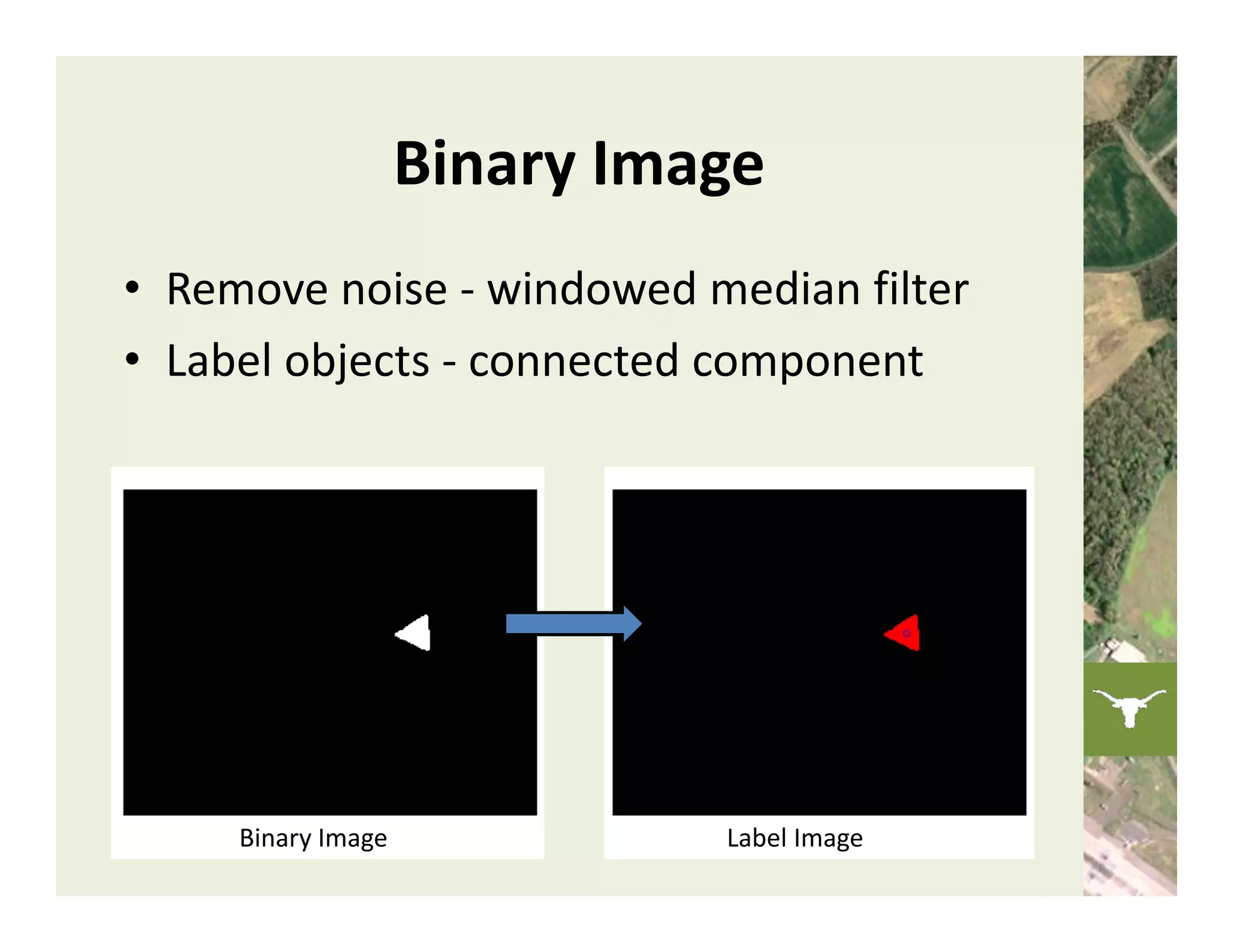 Binary Image
• Remove noise ‐ windowed median filter
• Label objects ‐ connected component




     Binary Image             Label Image
 