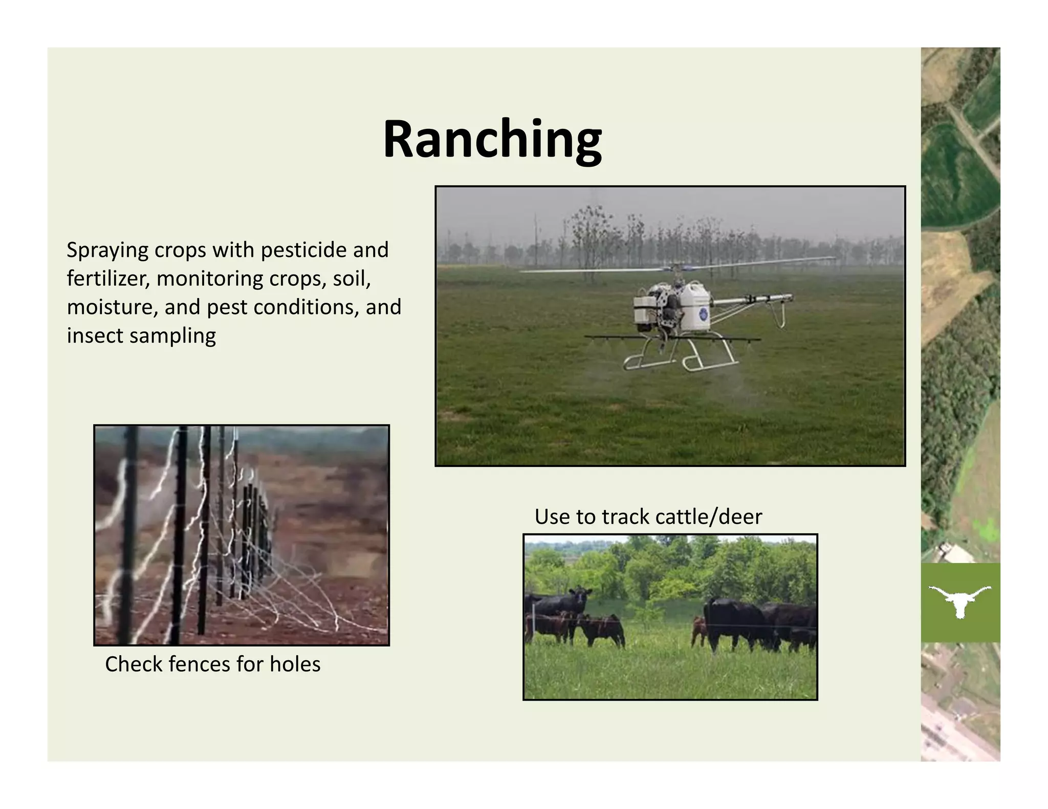 Ranching
Spraying crops with pesticide and 
fertilizer, monitoring crops, soil, 
moisture, and pest conditions, and 
insect sampling




                                       Use to track cattle/deer




    Check fences for holes
 