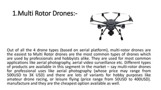 1.Multi Rotor Drones:-
Out of all the 4 drone types (based on aerial platform), multi-rotor drones are
the easiest to Multi Rotor drones are the most common types of drones which
are used by professionals and hobbyists alike. They are used for most common
applications like aerial photography, aerial video surveillance etc. Different types
of products are available in this segment in the market – say multi-rotor drones
for professional uses like aerial photography (whose price may range from
500USD to 3K USD) and there are lots of variants for hobby purposes like
amateur drone racing, or leisure flying (price range from 50USD to 400USD).
manufacture and they are the cheapest option available as well.
 