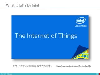 What is IoT ? by Intel
122
https://www.youtube.com/watch?v=Q3ur8wzzhBU
↑クリックすると動画が再生されます。
 