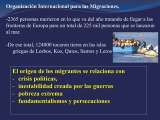 Organización Internacional para las Migraciones,
-2365 personas murieron en lo que va del año tratando de llegar a las
fronteras de Europa para un total de 225 mil personas que se lanzaron
al mar.
-De ese total, 124000 tocaron tierra en las islas
griegas de Lesbos, Kos, Quios, Samos y Leros
El origen de los migrantes se relaciona con
- crisis políticas,
- inestabilidad creada por las guerras
- pobreza extrema
- fundamentalismos y persecuciones
 