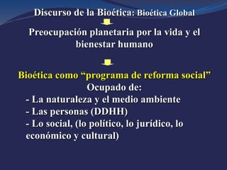 Discurso de la Bioética: Bioética Global
Preocupación planetaria por la vida y el
bienestar humano
Bioética como “programa...