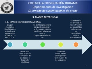 COLEGIO LA PRESENTACIÓN DUITAMA
Departamento de Investigación
IX jornada de sustentaciones de grado
3.1. MARCO HISTORICO SITUACIONAL
4
3. MARCO REFERENCIAL
Ocupan
el Altiplano
Cundiboyacen
se desde una
época entre
el 5500 a. C. y
el 1000 a. C.
Hasta 1450,
todo lo que se
narra antes de
esa época, es
de carácter
mitológico.
En 1542 se presenta la
conquista española y
se les ataca y mueren
los últimos soberanos
muiscas
(Sagipa y Aquiminzaq
ue)
En 1810 el
nuevo estado
criollo propició
la disolución de
los resguardos
En 1989 se da
un proceso de
reconstrucción
de los cabildos
indígenas por
las
comunidades
muiscas
sobrevivientes.
 