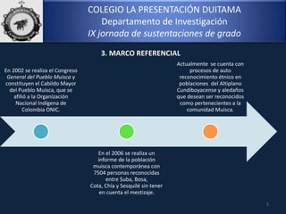 COLEGIO LA PRESENTACIÓN DUITAMA
Departamento de Investigación
IX jornada de sustentaciones de grado
5
3. MARCO REFERENCIAL
En 2002 se realiza el Congreso
General del Pueblo Muisca y
constituyen el Cabildo Mayor
del Pueblo Muisca, que se
afilió a la Organización
Nacional Indígena de
Colombia ONIC.
En el 2006 se realiza un
informe de la población
muisca contemporánea con
7504 personas reconocidas
entre Suba, Bosa,
Cota, Chía y Sesquilé sin tener
en cuenta el mestizaje.
Actualmente se cuenta con
procesos de auto
reconocimiento étnico en
poblaciones del Altiplano
Cundiboyacense y aledaños
que desean ser reconocidos
como pertenecientes a la
comunidad Muisca.
 