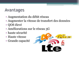 Avantages
• Augmentation du débit réseau
• Augmenter la vitesse de transfert des données
• QOS élevé
• Améliorations sur le réseau 3G
• haute sécurité
• Haute vitesse
• Grande capacité
 