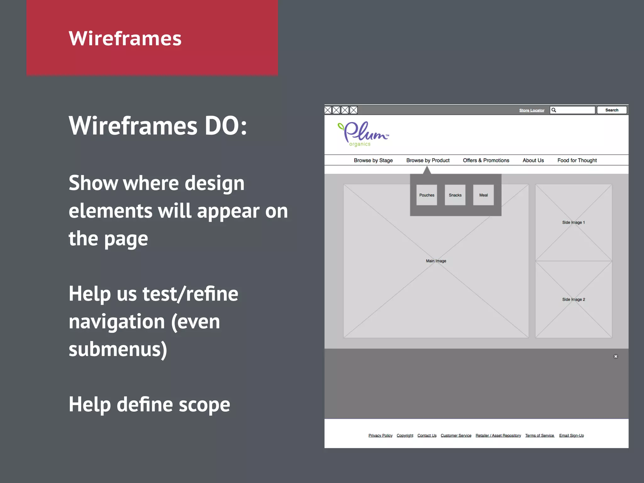Wireframes
Wireframes DO:
!
Show where design
elements will appear on
the page
!
Help us test/reﬁne
navigation (even
submenus)
!
Help deﬁne scope
 