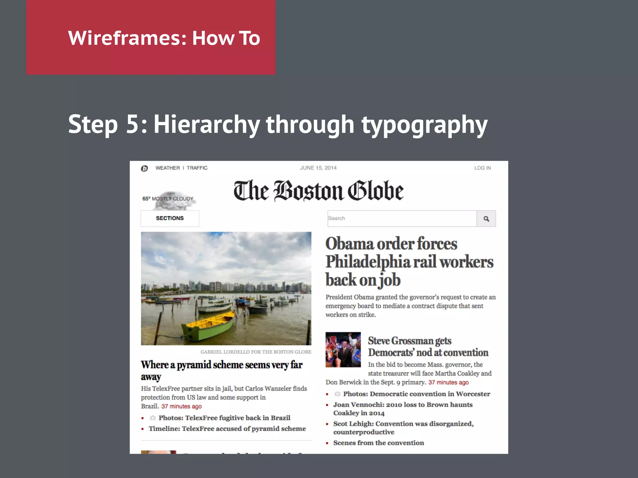 Wireframes: How To
Step 5: Hierarchy through typography
!
!
!
!
 