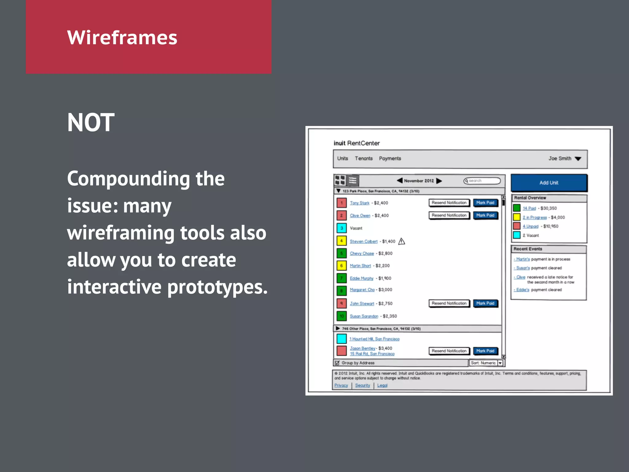 Wireframes
NOT
!
Compounding the
issue: many
wireframing tools also
allow you to create
interactive prototypes.
 