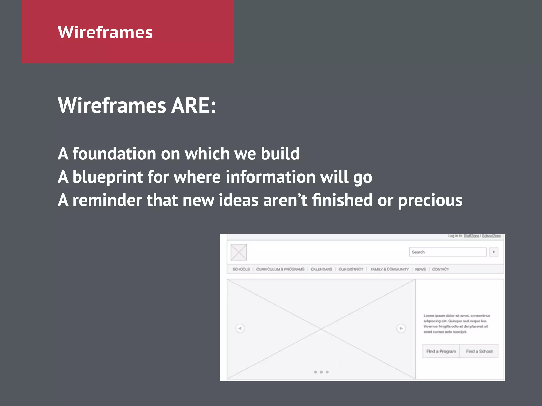 Wireframes
Wireframes ARE:
!
A foundation on which we build
A blueprint for where information will go
A reminder that new ideas aren’t ﬁnished or precious
 