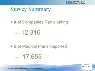 Survey Summary

    # of Companies Participating

            –           12,316

    # of Medical Plans Reported

            – 17,655
Copyright © 2009 United Benefit Advisors, LLC. All Rights Reserved.
 