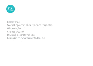 Entrevistas
Workshops com clientes / concorrentes
Observação
Cliente Oculto
Diálogo de profundiade
Pesquisa comportamento Online
 
