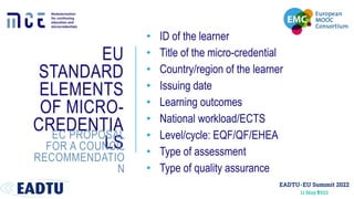 EU
STANDARD
ELEMENTS
OF MICRO-
CREDENTIA
LS
• ID of the learner
• Title of the micro-credential
• Country/region of the le...