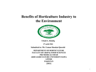 Benefits of Horticulture Industry to
the Environment
1
Ubaid A. Khaliq
17-arid-3261
Submitted to: Mr. Usman Shoukat Qureshi
DEPARTMENT OF HORTICULTURE
FACULTY OF CROP & FOOD SCIENCES
PIR MEHR ALI SHAH
ARID AGRICULTURE UNIVERSITY RAWA
LPINDI
PAKISTAN
[2021]
 