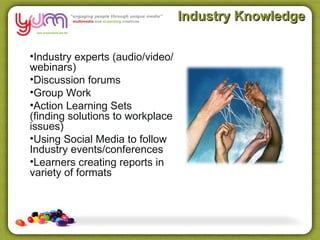 Industry Knowledge

•Industry experts (audio/video/
webinars)
•Discussion forums
•Group Work
•Action Learning Sets
(finding solutions to workplace
issues)
•Using Social Media to follow
Industry events/conferences
•Learners creating reports in
variety of formats
 