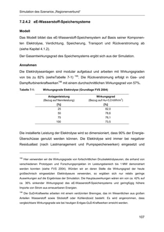 Simulation des Szenarios „Regionenverbund“


7.2.4.2 eE-Wasserstoff-Speichersysteme

Modell
Das Modell bildet das eE-Wasserstoff-Speichersystem auf Basis seiner Komponen-
ten Elektrolyse, Verdichtung, Speicherung, Transport und Rückverstromung ab
(siehe Kapitel 4.1.2).

Der Gasamtwirkungsgrad des Speichersystems ergibt sich aus der Simulation.

Annahmen
Die Elektrolyseanlagen sind modular aufgebaut und arbeiten mit Wirkungsgraden
                                                195
von bis zu 82% (sieheTabelle 7-1)                     . Die Rückverstromung erfolgt in Gas- und
                                 196
Dampfturbinenkraftwerken               mit einem durchschnittlichen Wirkungsgrad von 57%.
Tabelle 7-1:         Wirkungsgrade Elektrolyse (Grundlage FVS 2004)

                        Anlagenleistung                          Wirkungsgrad
                     (Bezug auf Nennleistung)               (Bezug auf Hu=3,0 kWh/m3)
                                [%]                                   [%]
                                25                                      82,0
                                50                                      78,6
                                75                                      76,1
                               100                                      73,5



Die installierte Leistung der Elektrolyse wird so dimensioniert, dass 90% der Energie-
Überschüsse genutzt werden können. Die Elektrolyse wird immer bei negativer
Residuallast (nach Lastmanagement und Pumpspeicherwerken) eingesetzt und



195
      Hier verwenden wir die Wirkungsgrade von fortschrittlichen Druckelektrolyseuren, die anhand von
verschiedenen Prototypen und Forschungsprojekten im Leistungsbereich bis 1 MW demonstriert
werden konnten (siehe FVS 2004). Würden wir an deren Stelle die Wirkungsgrad der heute
großtechnisch eingesetzten Elektrolyseure verwenden, so ergäben sich nur relativ geringe
Auswirkungen auf die Ergebnisse der Simulation. Die Hauptauswirkungen wären ein von ca. 42% auf
ca. 36% sinkender Wirkungsgrad des eE-Wasserstoff-Speichersystems und geringfügig höhere
Importe von Strom aus erneuerbaren Energien.
196
      Die GuD-Kraftwerke arbeiten mit einem verdünnten Brenngas, das im Wesentlichen aus großen
Anteilen Wasserstoff sowie Stickstoff oder Kohlendioxid besteht. Es wird angenommen, dass
vergleichbare Wirkungsgrade wie bei heutigen Erdgas-GuD-Kraftwerken erreicht werden.




                                                                                                107
 