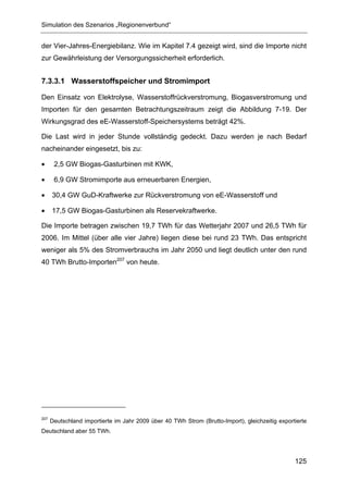 Simulation des Szenarios „Regionenverbund“


der Vier-Jahres-Energiebilanz. Wie im Kapitel 7.4 gezeigt wird, sind die Importe nicht
zur Gewährleistung der Versorgungssicherheit erforderlich.


7.3.3.1 Wasserstoffspeicher und Stromimport

Den Einsatz von Elektrolyse, Wasserstoffrückverstromung, Biogasverstromung und
Importen für den gesamten Betrachtungszeitraum zeigt die Abbildung 7-19. Der
Wirkungsgrad des eE-Wasserstoff-Speichersystems beträgt 42%.

Die Last wird in jeder Stunde vollständig gedeckt. Dazu werden je nach Bedarf
nacheinander eingesetzt, bis zu:

•      2,5 GW Biogas-Gasturbinen mit KWK,

•      6,9 GW Stromimporte aus erneuerbaren Energien,

•     30,4 GW GuD-Kraftwerke zur Rückverstromung von eE-Wasserstoff und

•     17,5 GW Biogas-Gasturbinen als Reservekraftwerke.

Die Importe betragen zwischen 19,7 TWh für das Wetterjahr 2007 und 26,5 TWh für
2006. Im Mittel (über alle vier Jahre) liegen diese bei rund 23 TWh. Das entspricht
weniger als 5% des Stromverbrauchs im Jahr 2050 und liegt deutlich unter den rund
40 TWh Brutto-Importen207 von heute.




207
      Deutschland importierte im Jahr 2009 über 40 TWh Strom (Brutto-Import), gleichzeitig exportierte
Deutschland aber 55 TWh.




                                                                                                 125
 