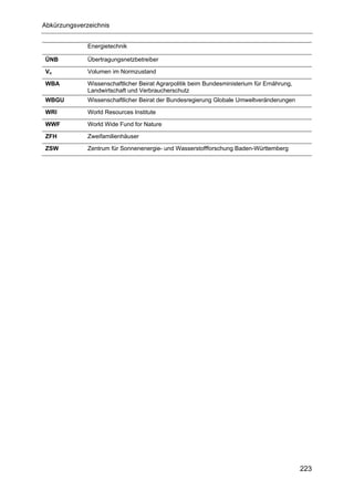 Abkürzungsverzeichnis


              Energietechnik

ÜNB           Übertragungsnetzbetreiber

Vn            Volumen im Normzustand

WBA           Wissenschaftlicher Beirat Agrarpolitik beim Bundesministerium für Ernährung,
              Landwirtschaft und Verbraucherschutz
WBGU          Wissenschaftlicher Beirat der Bundesregierung Globale Umweltveränderungen

WRI           World Resources Institute

WWF           World Wide Fund for Nature

ZFH           Zweifamilienhäuser

ZSW           Zentrum für Sonnenenergie- und Wasserstoffforschung Baden-Württemberg




                                                                                             223
 
