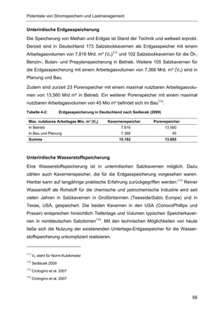 Potentiale von Stromspeichern und Lastmanagement


Unterirdische Erdgasspeicherung
Die Speicherung von Methan und Erdgas ist Stand der Technik und weltweit erprobt.
Derzeit sind in Deutschland 173 Salzstockkavernen als Erdgasspeicher mit einem
Arbeitsgasvolumen von 7,816 Mrd. m³ (Vn)111 und 102 Salzstockkavernen für die Öl-,
Benzin-, Butan- und Propylenspeicherung in Betrieb. Weitere 105 Salzkavernen für
die Erdgasspeicherung mit einem Arbeitsgasvolumen von 7,366 Mrd. m³ (Vn) sind in
Planung und Bau.

Zudem sind zurzeit 23 Porenspeicher mit einem maximal nutzbaren Arbeitsgasvolu-
men von 13,560 Mrd m³ in Betrieb. Ein weiterer Porenspeicher mit einem maximal
nutzbaren Arbeitsgasvolumen von 45 Mio m³ befindet sich im Bau112.
Tabelle 4-2:          Erdgasspeicherung in Deutschland nach Sedlacek (2009)

 Max. nutzbares Arbeitsgas Mio. m³ (Vn)        Kavernenspeicher        Porenspeicher
 In Betrieb                                           7.816                   13.560
 In Bau und Planung                                   7.366                      45
 Summe                                               15.182                   13.605



Unterirdische Wasserstoffspeicherung
Eine Wasserstoffspeicherung ist in unterirdischen Salzkavernen möglich. Dazu
zählen auch Kavernenspeicher, die für die Erdgasspeicherung vorgesehen waren.
Hierbei kann auf langjährige praktische Erfahrung zurückgegriffen werden:113 Reiner
Wasserstoff als Rohstoff für die chemische und petrochemische Industrie wird seit
vielen Jahren in Salzkavernen in Großbritannien (Teesside/Sabic Europe) und in
Texas, USA, gespeichert. Die beiden Kavernen in den USA (ConocoPhillips und
Praxair) entsprechen hinsichtlich Tiefenlage und Volumen typischen Speicherkaver-
nen in norddeutschen Salzdomen114. Mit den technischen Möglichkeiten von heute
ließe sich die Nutzung der existierenden Untertage-Erdgasspeicher für die Wasser-
stoffspeicherung unkompliziert realisieren.


111
      Vn steht für Norm-Kubikmeter
112
      Sedlacek 2009
113
      Crotogino et al. 2007
114
      Crotogino et al. 2007




                                                                                       56
 