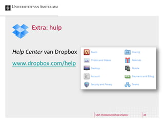 Extra: hulp


Help Center van Dropbox
www.dropbox.com/help




                          UBA Webtoolworkshop Dropbox   28
 