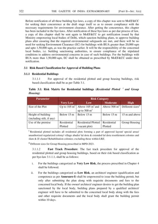 322 THE GAZETTE OF INDIA : EXTRAORDINARY [PART II—SEC. 3(ii)]
Before notification of all these building bye-laws, a copy of this chapter was sent to MoEF&CC
for seeking their concurrence at the draft stage itself so as to ensure compliance with the
necessary requirements for environment clearance. After getting the concurrence, this chapter
has been included in the bye-laws. After notification of these bye-laws as per due process of law,
a copy of this chapter shall be sent again to MoEF&CC to get notification issued by that
Ministry empowering local bodies of Delhi, which sanction building plans, to approve building
plans after ensuring that the required environmental safeguards are met, and there will be no
need for seeking Environment Clearance (EC) for buildings with BUA greater than 20,000 sqm
and upto 1,50,000 sqm, as was the practice earlier. It will be the responsibility of the concerned
local bodies, i.e. building sanctioning authorities, to ensure compliance of the stipulated
conditions to address environmental concerns in case of such buildings. For the buildings with
BUA more than 1,50,000 sqm, EC shall be obtained as prescribed by MoEF&CC under their
notification.
3.1 Risk Based Classification for Approval of Building Plans
3.1.1 Residential Buildings
3.1.1.1 For approval of the residential plotted and group housing buildings, risk
based classification shall be as per Table 3.1.
Table 3.1: Risk Matrix for Residential buildings (Residential Plotted i
and Group
Housing)
Parameter Risk Category
Very Low Low Moderate High
Size of the Plot Up to 105 m2
Above 105 m2
and
up to 500 m2
Above 500 m2
Different sizesii
Height of building
(including stilt, if any)
Below 15 m Below 15 m Below 15 m 15 m and above
Use of the premise Residential
Plotted
Residential Plotted
(vacant plot)
Residential
Plotted
Group Housing
i
Residential plotted includes all residential plots forming a part of approved layout/ special areas/
unauthorized regularized colony/ village abadis/ lal dora & extended lal dora resettlement colonies and
slum & JJ cluster/ Rehabilitation colonies; excluding those within LBZ.
ii
Different sizes for Group Housing prescribed in MPD-2021.
3.1.1.2 Fast Track Procedure: The fast track procedure for approval of the
residential plotted and group housing buildings, based on their risk based classification as
per bye-law 3.1.1.1, shall be as follows:
i. For the buildings categorized as Very Low Risk, the process prescribed in Chapter 4
shall be followed.
ii. For the buildings categorized as Low Risk, an architect/ engineer (qualification and
competence as per Annexure-I) shall be empowered to issue the building permit, but
only after submitting the plan along with requisite documents and fees to the
concerned local body. If the owner/ architect/ engineer desires to get the building plan
sanctioned by the local body, building plans prepared by a qualified architect/
engineer will have to be submitted to the concerned local body along with the fees
and other requisite documents and the local body shall grant the building permit
within 10 days.
 