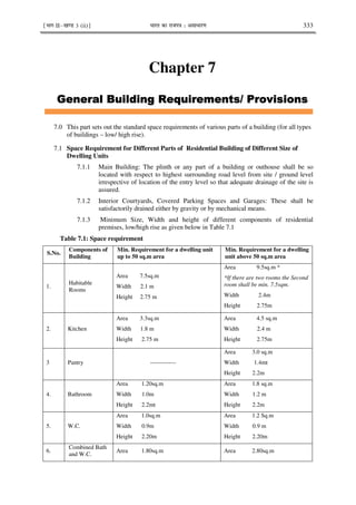 ¹Hkkx IIµ[k.M 3 (ii)º Hkkjr dk jkti=k % vlk/kj.k 333
Chapter 7
,
,
,
,
7.0 This part sets out the standard space requirements of various parts of a building (for all types
of buildings – low/ high rise).
7.1 Space Requirement for Different Parts of Residential Building of Different Size of
Dwelling Units
7.1.1 Main Building: The plinth or any part of a building or outhouse shall be so
located with respect to highest surrounding road level from site / ground level
irrespective of location of the entry level so that adequate drainage of the site is
assured.
7.1.2 Interior Courtyards, Covered Parking Spaces and Garages: These shall be
satisfactorily drained either by gravity or by mechanical means.
7.1.3 Minimum Size, Width and height of different components of residential
premises, low/high rise as given below in Table 7.1
Table 7.1: Space requirement
S.No.
Components of
Building
Min. Requirement for a dwelling unit
up to 50 sq.m area
Min. Requirement for a dwelling
unit above 50 sq.m area
1.
Habitable
Rooms
Area 7.5sq.m
Width 2.1 m
Height 2.75 m
Area 9.5sq.m *
*If there are two rooms the Second
room shall be min. 7.5sqm.
Width 2.4m
Height 2.75m
2. Kitchen
Area 3.3sq.m
Width 1.8 m
Height 2.75 m
Area 4.5 sq.m
Width 2.4 m
Height 2.75m
3 Pantry -------------
Area 3.0 sq.m
Width 1.4mt
Height 2.2m
4. Bathroom
Area 1.20sq.m
Width 1.0m
Height 2.2mt
Area 1.8 sq.m
Width 1.2 m
Height 2.2m
5. W.C.
Area 1.0sq.m
Width 0.9m
Height 2.20m
Area 1.2 Sq.m
Width 0.9 m
Height 2.20m
6.
Combined Bath
and W.C.
Area 1.80sq.m Area 2.80sq.m
 