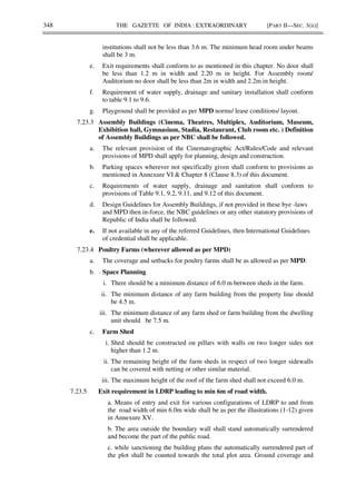 348 THE GAZETTE OF INDIA : EXTRAORDINARY [PART II—SEC. 3(ii)]
institutions shall not be less than 3.6 m. The minimum head room under beams
shall be 3 m.
e. Exit requirements shall conform to as mentioned in this chapter. No door shall
be less than 1.2 m in width and 2.20 m in height. For Assembly room/
Auditorium no door shall be less than 2m in width and 2.2m in height.
f. Requirement of water supply, drainage and sanitary installation shall conform
to table 9.1 to 9.6.
g. Playground shall be provided as per MPD norms/ lease conditions/ layout.
7.23.3 Assembly Buildings (Cinema, Theatres, Multiplex, Auditorium, Museum,
Exhibition hall, Gymnasium, Stadia, Restaurant, Club room etc. ) Definition
of Assembly Buildings as per NBC shall be followed.
a. The relevant provision of the Cinematographic Act/Rules/Code and relevant
provisions of MPD shall apply for planning, design and construction.
b. Parking spaces wherever not specifically given shall conform to provisions as
mentioned in Annexure VI & Chapter 8 (Clause 8.3) of this document.
c. Requirements of water supply, drainage and sanitation shall conform to
provisions of Table 9.1, 9.2, 9.11, and 9.12 of this document.
d. Design Guidelines for Assembly Buildings, if not provided in these bye -laws
and MPD then in-force, the NBC guidelines or any other statutory provisions of
Republic of India shall be followed.
e. If not available in any of the referred Guidelines, then International Guidelines
of credential shall be applicable.
7.23.4 Poultry Farms (wherever allowed as per MPD)
a. The coverage and setbacks for poultry farms shall be as allowed as per MPD.
b. Space Planning
i. There should be a minimum distance of 6.0 m between sheds in the farm.
ii. The minimum distance of any farm building from the property line should
be 4.5 m.
iii. The minimum distance of any farm shed or farm building from the dwelling
unit should be 7.5 m.
c. Farm Shed
i. Shed should be constructed on pillars with walls on two longer sides not
higher than 1.2 m.
ii. The remaining height of the farm sheds in respect of two longer sidewalls
can be covered with netting or other similar material.
iii. The maximum height of the roof of the farm shed shall not exceed 6.0 m.
7.23.5 Exit requirement in LDRP leading to min 6m of road width.
a. Means of entry and exit for various configurations of LDRP to and from
the road width of min 6.0m wide shall be as per the illustrations (1-12) given
in Annexure XV.
b. The area outside the boundary wall shall stand automatically surrendered
and become the part of the public road.
c. while sanctioning the building plans the automatically surrendered part of
the plot shall be counted towards the total plot area. Ground coverage and
 