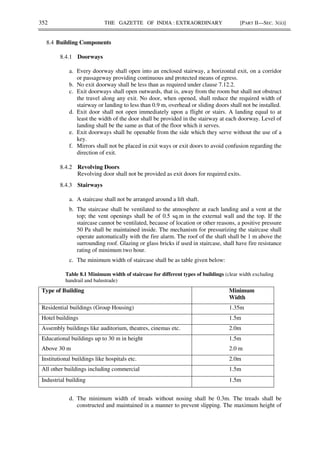 352 THE GAZETTE OF INDIA : EXTRAORDINARY [PART II—SEC. 3(ii)]
8.4 Building Components
8.4.1 Doorways
a. Every doorway shall open into an enclosed stairway, a horizontal exit, on a corridor
or passageway providing continuous and protected means of egress.
b. No exit doorway shall be less than as required under clause 7.12.2.
c. Exit doorways shall open outwards, that is, away from the room but shall not obstruct
the travel along any exit. No door, when opened, shall reduce the required width of
stairway or landing to less than 0.9 m, overhead or sliding doors shall not be installed.
d. Exit door shall not open immediately upon a flight or stairs. A landing equal to at
least the width of the door shall be provided in the stairway at each doorway. Level of
landing shall be the same as that of the floor which it serves.
e. Exit doorways shall be openable from the side which they serve without the use of a
key.
f. Mirrors shall not be placed in exit ways or exit doors to avoid confusion regarding the
direction of exit.
8.4.2 Revolving Doors
Revolving door shall not be provided as exit doors for required exits.
8.4.3 Stairways
a. A staircase shall not be arranged around a lift shaft.
b. The staircase shall be ventilated to the atmosphere at each landing and a vent at the
top; the vent openings shall be of 0.5 sq.m in the external wall and the top. If the
staircase cannot be ventilated, because of location or other reasons, a positive pressure
50 Pa shall be maintained inside. The mechanism for pressurizing the staircase shall
operate automatically with the fire alarm. The roof of the shaft shall be 1 m above the
surrounding roof. Glazing or glass bricks if used in staircase, shall have fire resistance
rating of minimum two hour.
c. The minimum width of staircase shall be as table given below:
Table 8.1 Minimum width of staircase for different types of buildings (clear width excluding
handrail and balustrade)
Type of Building Minimum
Width
Residential buildings (Group Housing) 1.35m
Hotel buildings 1.5m
Assembly buildings like auditorium, theatres, cinemas etc. 2.0m
Educational buildings up to 30 m in height
Above 30 m
1.5m
2.0 m
Institutional buildings like hospitals etc. 2.0m
All other buildings including commercial 1.5m
Industrial building 1.5m
d. The minimum width of treads without nosing shall be 0.3m. The treads shall be
constructed and maintained in a manner to prevent slipping. The maximum height of
 