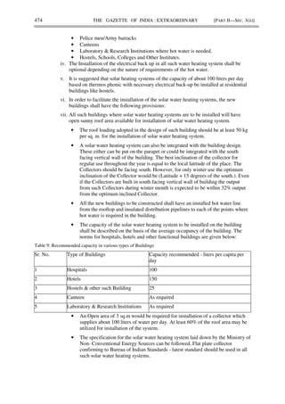 474 THE GAZETTE OF INDIA : EXTRAORDINARY [PART II—SEC. 3(ii)]
• Police men/Army barracks
• Canteens
• Laboratory & Research Institutions where hot water is needed.
• Hostels, Schools, Colleges and Other Institutes.
iv. The Installation of the electrical back up in all such water heating system shall be
optional depending on the nature of requirements of the hot water.
v. It is suggested that solar heating systems of the capacity of about 100 liters per day
based on thermos phonic with necessary electrical back-up be installed at residential
buildings like hostels.
vi. In order to facilitate the installation of the solar water heating systems, the new
buildings shall have the following provisions:
vii. All such buildings where solar water heating systems are to be installed will have
open sunny roof area available for installation of solar water heating system.
• The roof loading adopted in the design of such building should be at least 50 kg
per sq. m. for the installation of solar water heating system.
• A solar water heating system can also be integrated with the building design.
These either can be put on the parapet or could be integrated with the south
facing vertical wall of the building. The best inclination of the collector for
regular use throughout the year is equal to the local latitude of the place. The
Collectors should be facing south. However, for only winter use the optimum
inclination of the Collector would be (Latitude + 15 degrees of the south.). Even
if the Collectors are built in south facing vertical wall of building the output
from such Collectors during winter month is expected to be within 32% output
from the optimum inclined Collector.
• All the new buildings to be constructed shall have an installed hot water line
from the rooftop and insulated distribution pipelines to each of the points where
hot water is required in the building.
• The capacity of the solar water heating system to be installed on the building
shall be described on the basis of the average occupancy of the building. The
norms for hospitals, hotels and other functional buildings are given below:
Table 9: Recommended capacity in various types of Buildings
• An Open area of 3 sq.m would be required for installation of a collector which
supplies about 100 liters of water per day. At least 60% of the roof area may be
utilized for installation of the system.
• The specification for the solar water heating system laid down by the Ministry of
Non- Conventional Energy Sources can be followed. Flat plate collector
confirming to Bureau of Indian Standards - latest standard should be used in all
such solar water heating systems.
Sr. No. Type of Buildings Capacity recommended - liters per capita per
day
1 Hospitals 100
2 Hotels 150
3 Hostels & other such Building 25
4 Canteen As required
5 Laboratory & Research Institutions As required
 