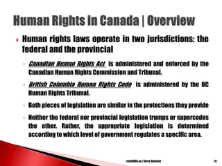  Human rights laws operate in two jurisdictions: the
federal and the provincial
◦ Canadian Human Rights Act is administered and enforced by the
Canadian Human Rights Commission and Tribunal.
◦ British Columbia Human Rights Code is administered by the BC
Human Rights Tribunal.
◦ Both pieces of legislation are similar in the protections they provide
◦ Neither the federal nor provincial legislation trumps or supercedes
the other. Rather, the appropriate legislation is determined
according to which level of government regulates a specific area.
14retailSOS.ca | Gerry Spitzner
 