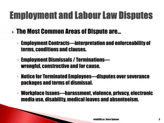  The Most Common Areas of Dispute are…
◦ Employment Contracts—interpretationand enforceability of
terms, conditions and clauses.
◦ Employment Dismissals / Terminations—
wrongful, constructive and for cause.
◦ Notice for Terminated Employees—disputes over severance
packages and terms of dismissal.
◦ Workplace Issues—harassment, violence, privacy, electronic
media use, disability, medical leaves and absenteeism.
3retailSOS.ca | Gerry Spitzner
 